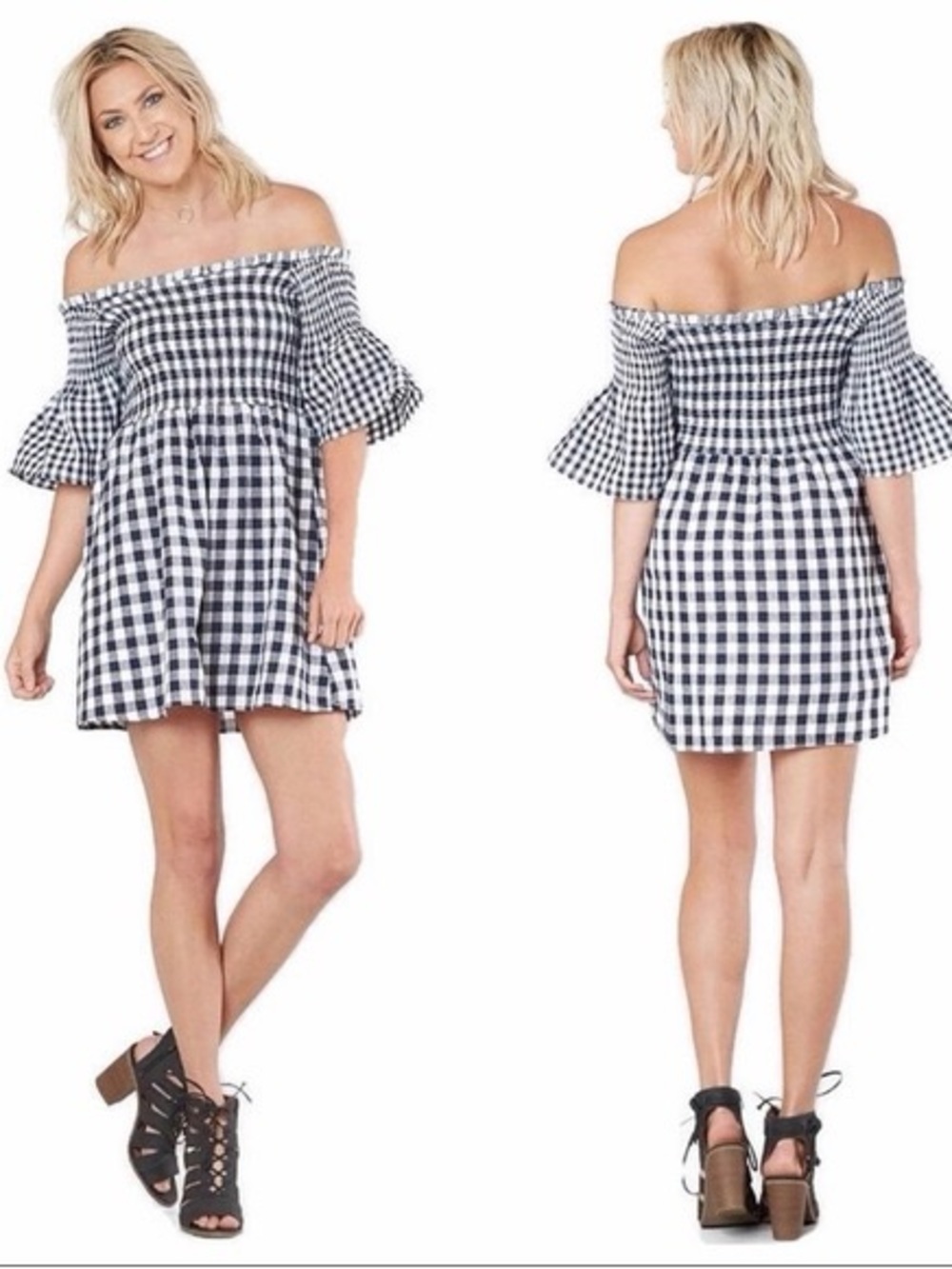 Love Riche 100% Cotton Gingham Smocked Off Shoulder Mini Dress Cottagecore M